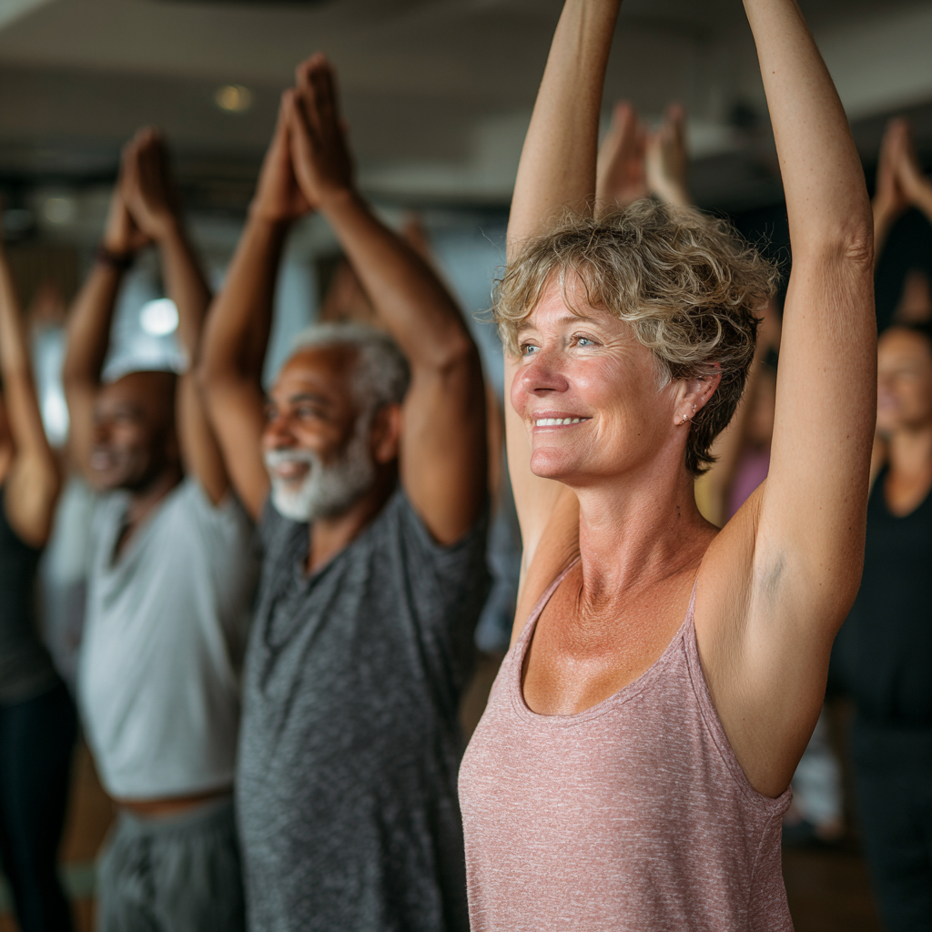 Diverse group of adults aged 40-55 practicing yoga together in bright studio, instructor guiding students through peaceful stretching poses