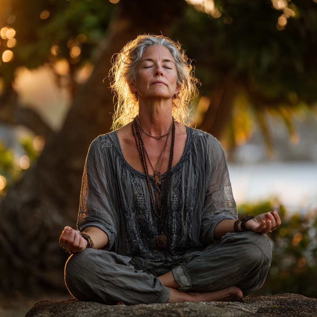 Serene mature woman in her late 40s sitting in peaceful meditation pose outdoors in nature, eyes closed, hands in mudra position, surrounded by soft natural light